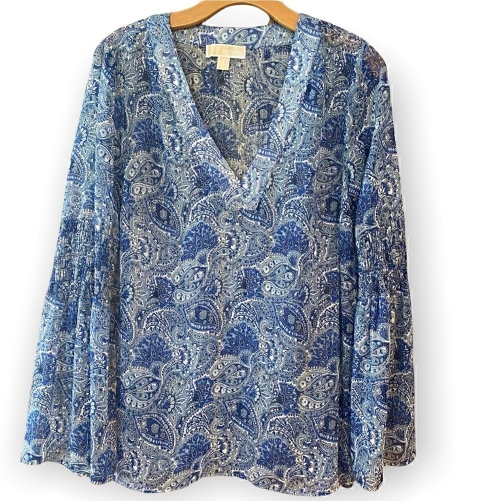 Michael Kors S Blue Gold Threaded Sheer BOHO Smocked Flared Sleeve Relaxed Top